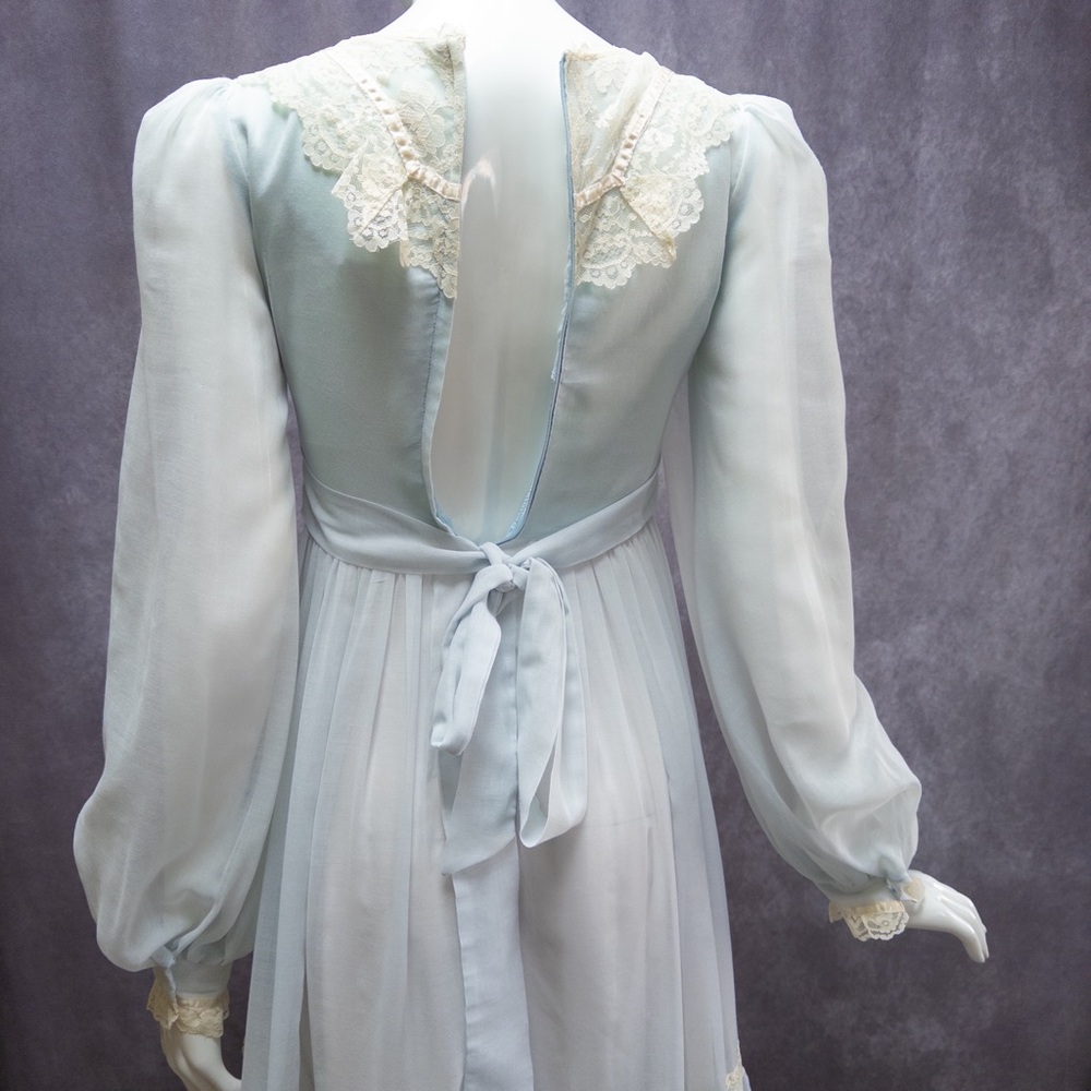 Vintage 70s Gunne Sax Baby Blue Chiffon Prairie Maxi Dress, ~24” waist - Picture 4 of 12